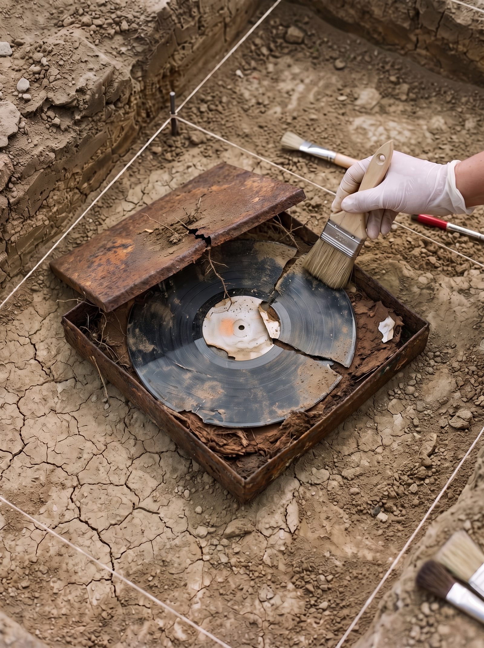 A corroded, rust-brown steel box in an excavation pit with its lid lifted. Inside lies a black disc broken into three pieces; its paper label has almost rotted away, and beneath it the sleeve has decayed into brown fibre. A gloved hand brushes soil from the edge.