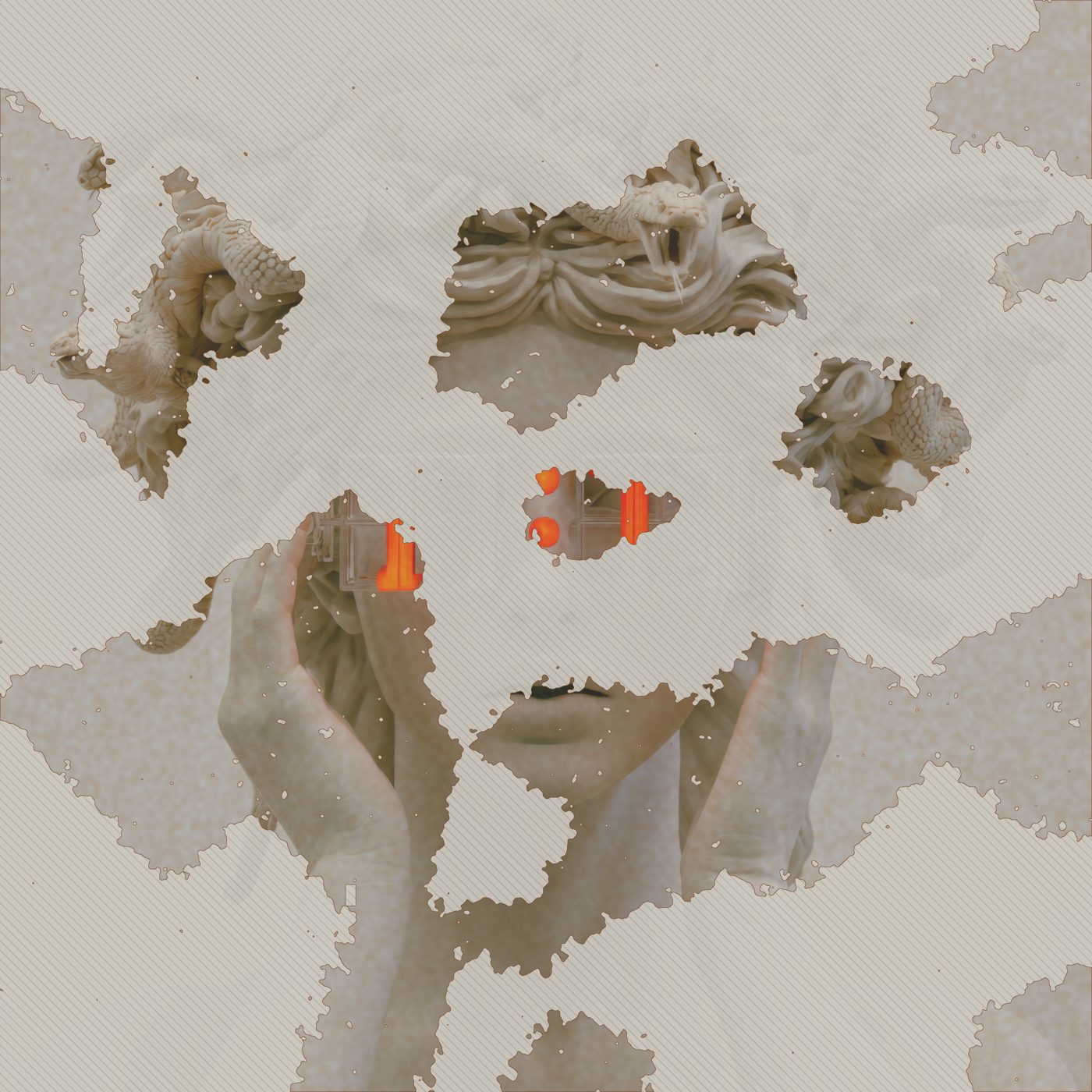 Reconstruction of the sleeve front: scattered fragments of a white marble Medusa head with snake hair and hands raised to her face, and a few orange segments of a numeral display across the eyes; the lost areas are hatched.